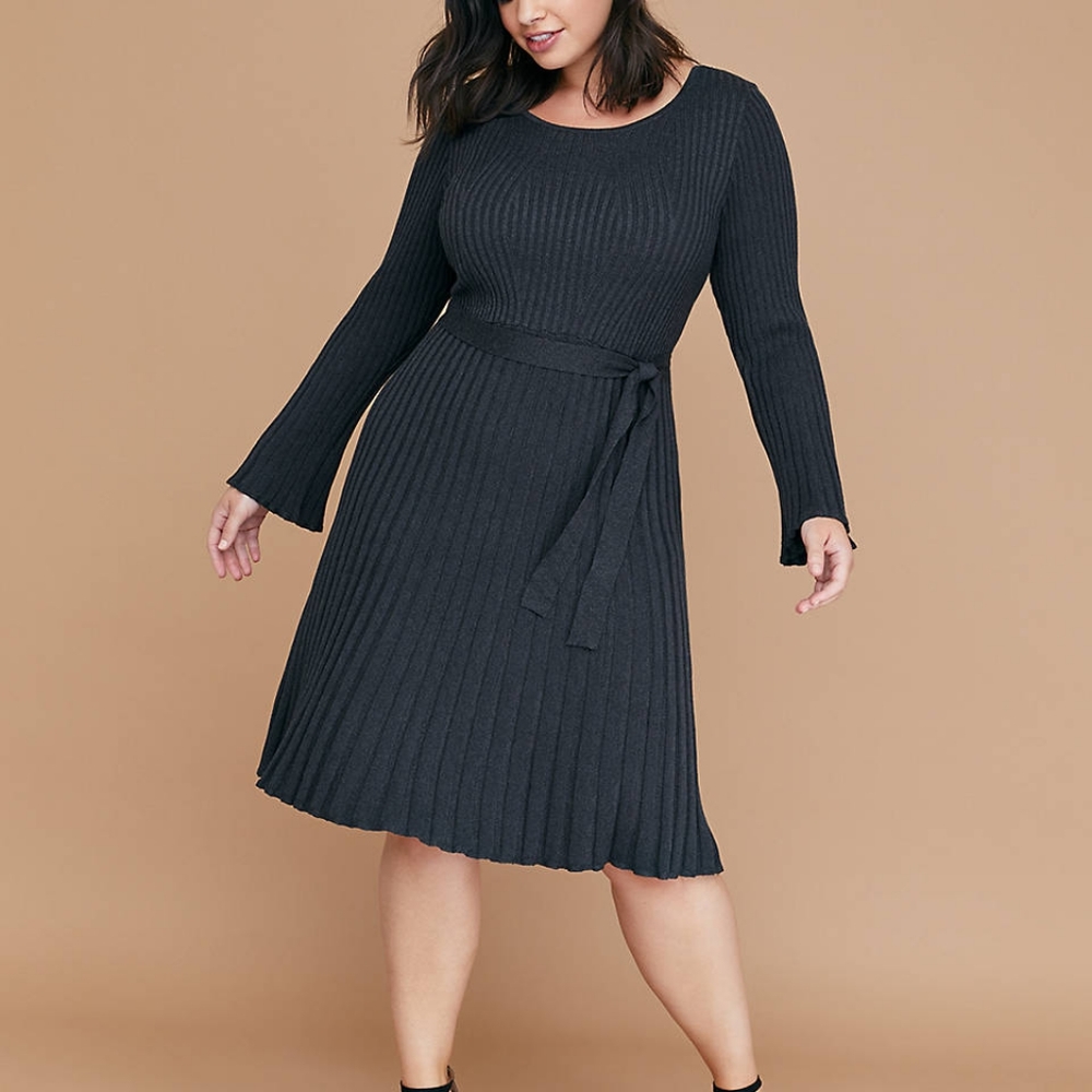 Lane Bryant Ribbed Fit/Flare Bell Sleeve Sweater Dress Size 22/24 Burgundy